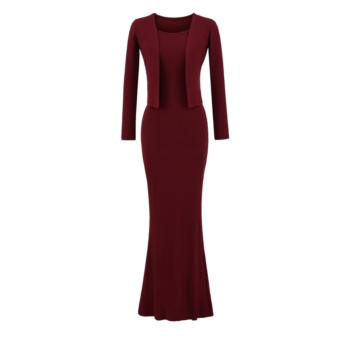 Women’s Fishtail Maxi Dress with Long Sleeve Cardigan: Elegant 2 - Piece Set - Sixin1