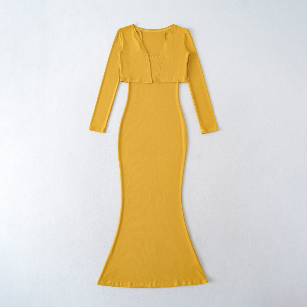 Women’s Fishtail Maxi Dress with Long Sleeve Cardigan: Elegant 2 - Piece Set - Sixin1