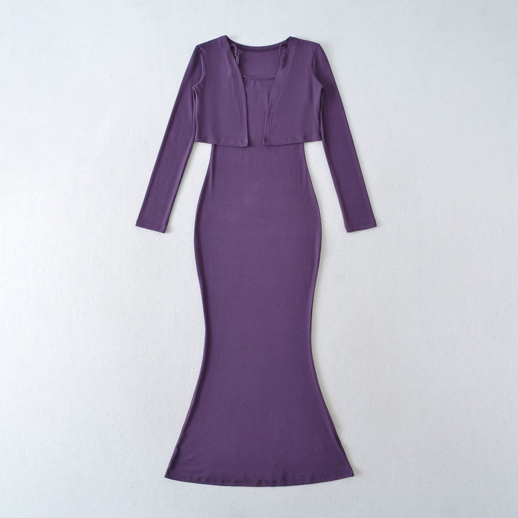 Women’s Fishtail Maxi Dress with Long Sleeve Cardigan: Elegant 2 - Piece Set - Sixin1