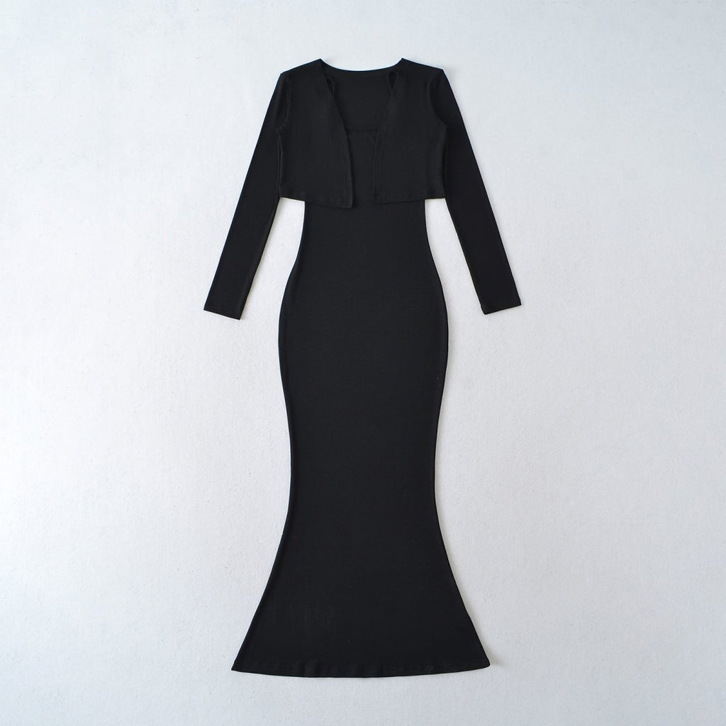 Women’s Fishtail Maxi Dress with Long Sleeve Cardigan: Elegant 2 - Piece Set - Sixin1