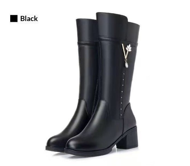 Women’s Fleece - Lined Tall Leather Boots – Warm Wool Interior & Side Zip - Sixin1