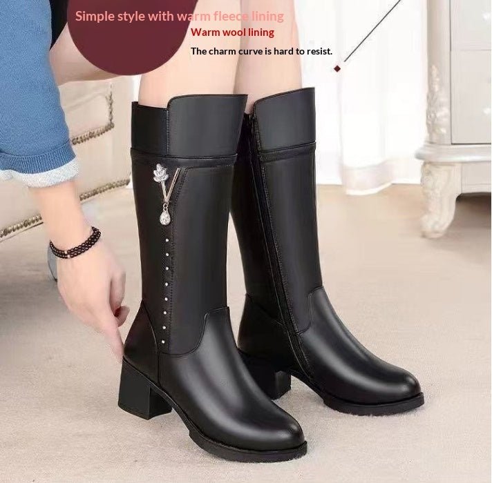 Women’s Fleece - Lined Tall Leather Boots – Warm Wool Interior & Side Zip - Sixin1