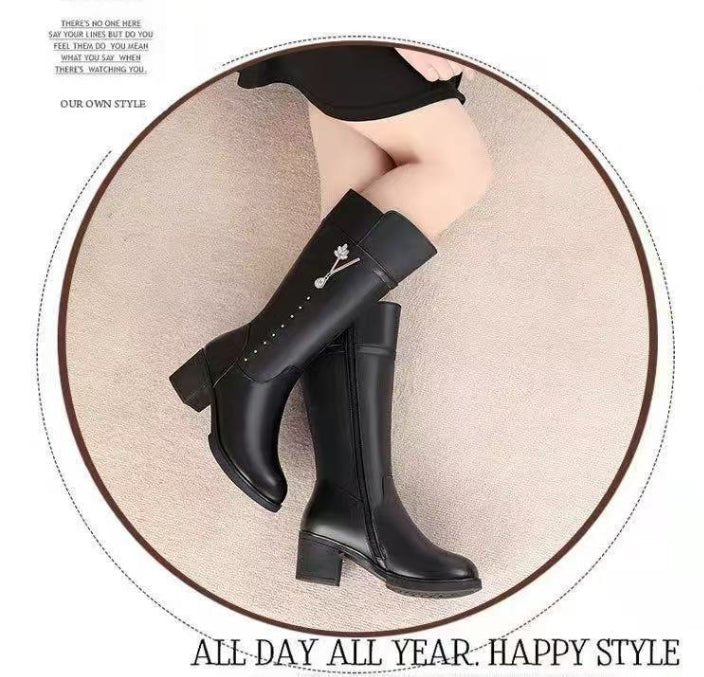 Women’s Fleece - Lined Tall Leather Boots – Warm Wool Interior & Side Zip - Sixin1