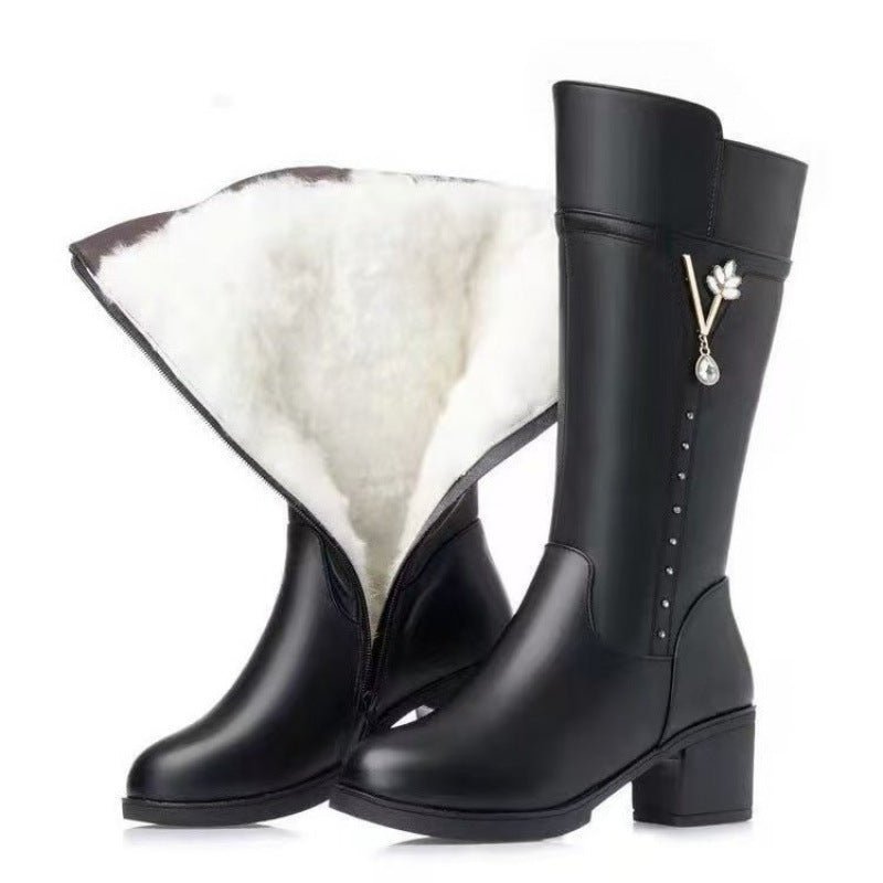 Women’s Fleece - Lined Tall Leather Boots – Warm Wool Interior & Side Zip - Sixin1