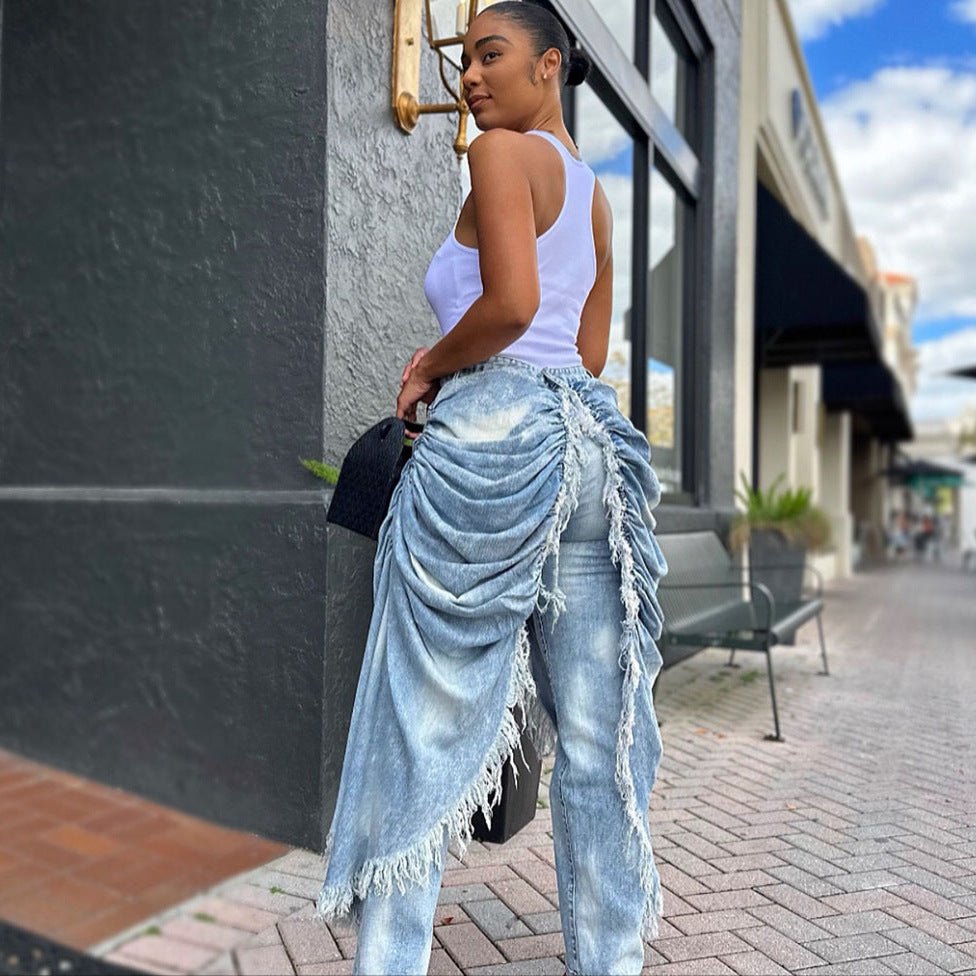 Women’s High - Waisted Denim Jeans: Ruffled Hem Statement Fit - Sixin1