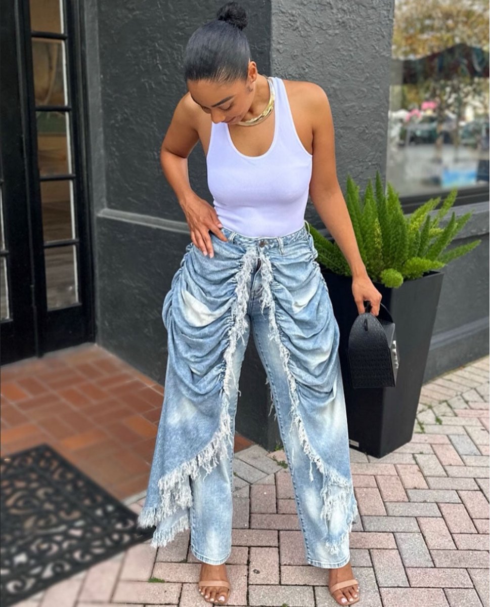 Women’s High - Waisted Denim Jeans: Ruffled Hem Statement Fit - Sixin1