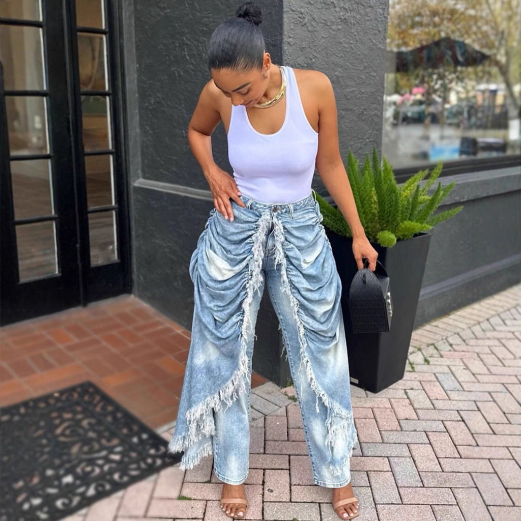 Women’s High - Waisted Denim Jeans: Ruffled Hem Statement Fit - Sixin1