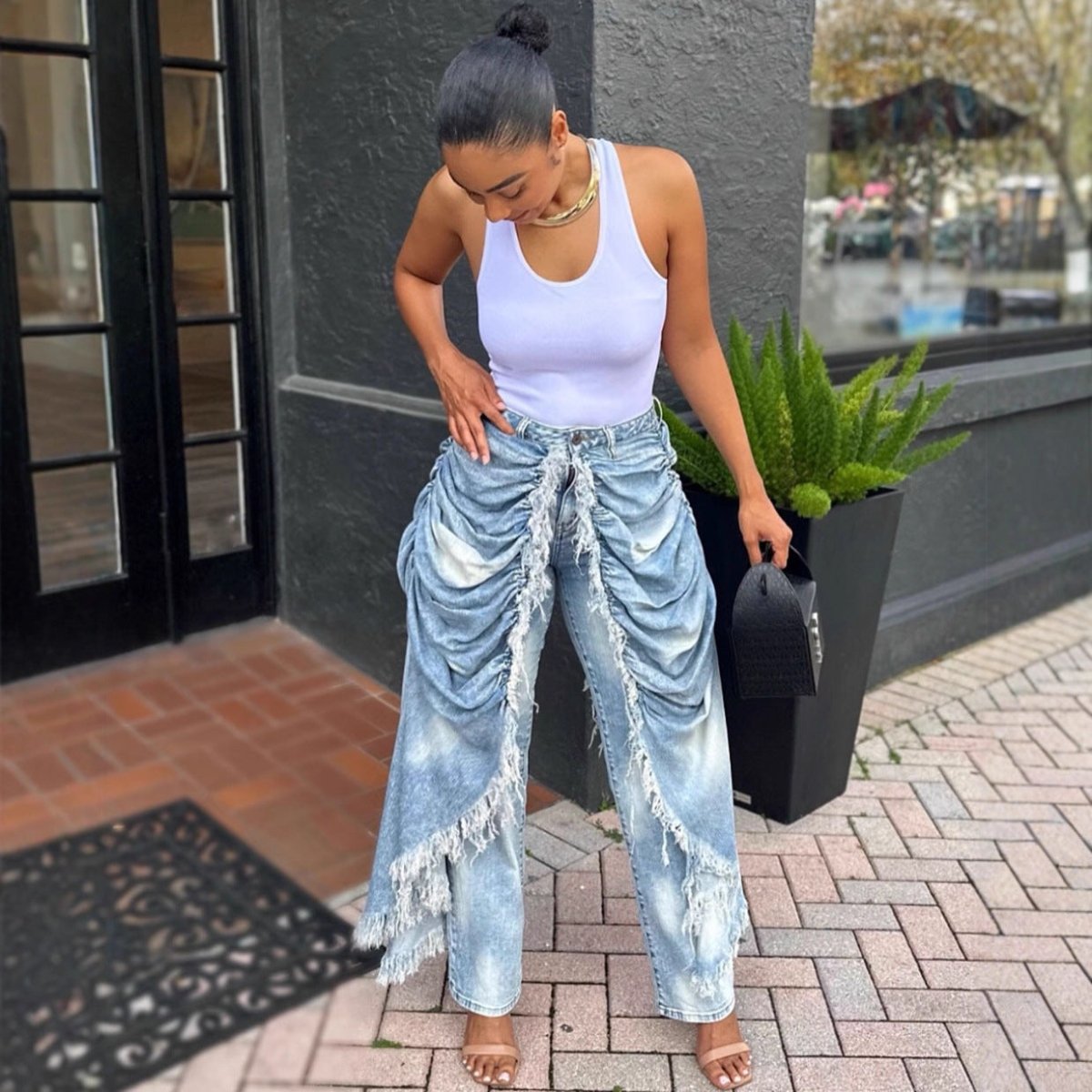 Women’s High - Waisted Denim Jeans: Ruffled Hem Statement Fit - Sixin1