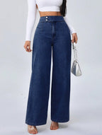 Women’s High - Waisted Straight - Leg Jeans: Loose Fit with Double Button Detail - Sixin1
