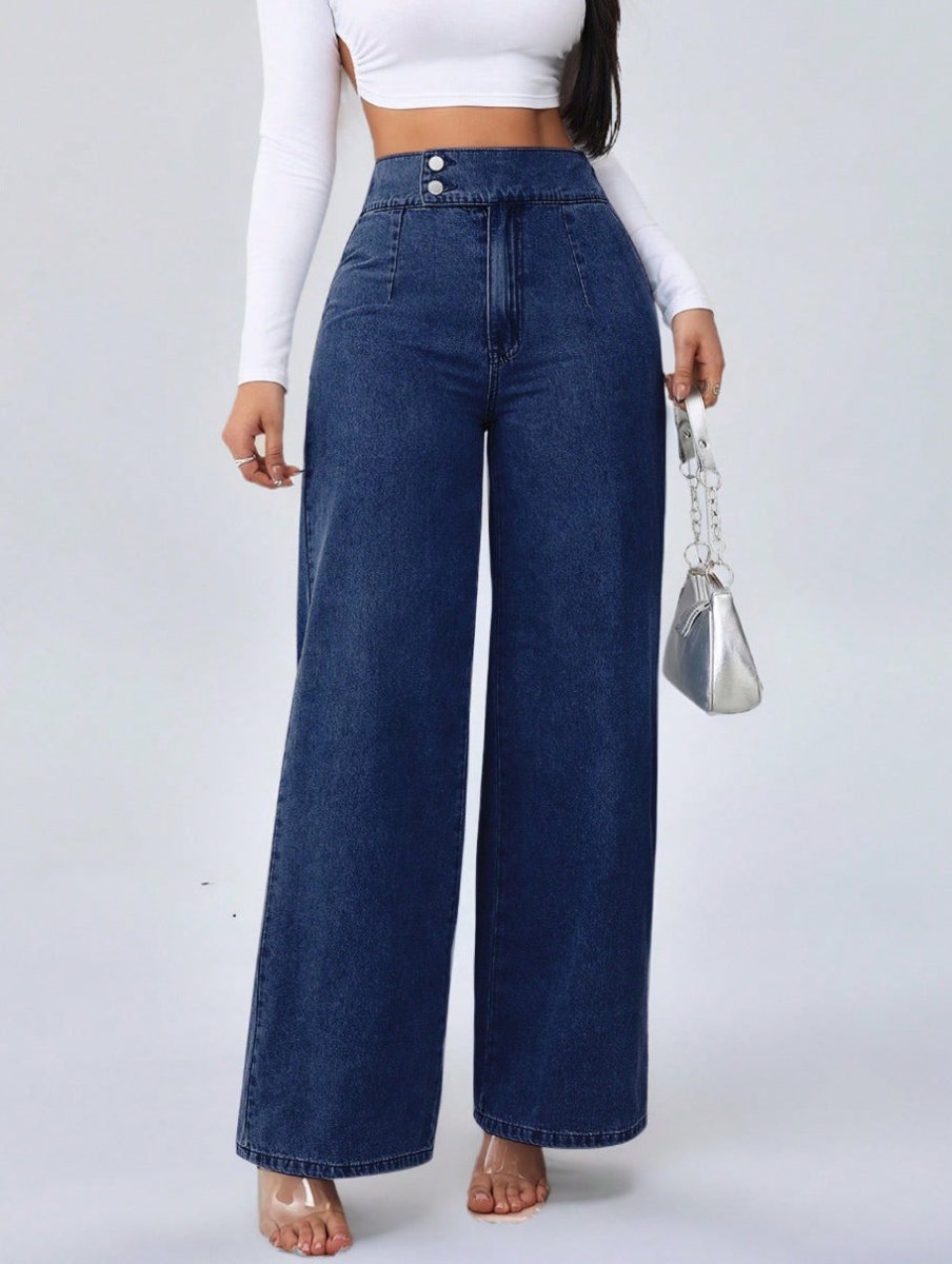 Women’s High - Waisted Straight - Leg Jeans: Loose Fit with Double Button Detail - Sixin1