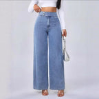 Women’s High - Waisted Straight - Leg Jeans: Loose Fit with Double Button Detail - Sixin1