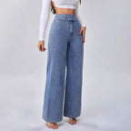Women’s High - Waisted Straight - Leg Jeans: Loose Fit with Double Button Detail - Sixin1