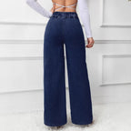 Women’s High - Waisted Straight - Leg Jeans: Loose Fit with Double Button Detail - Sixin1