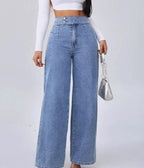 Women’s High - Waisted Straight - Leg Jeans: Loose Fit with Double Button Detail - Sixin1
