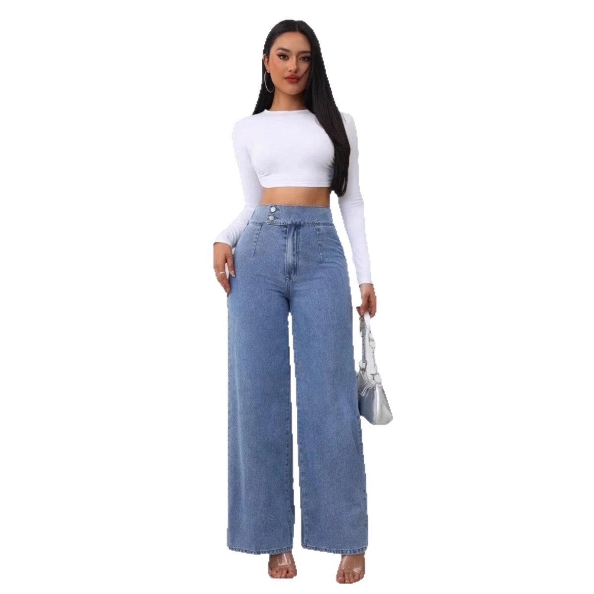 Women’s High - Waisted Straight - Leg Jeans: Loose Fit with Double Button Detail - Sixin1