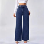 Women’s High - Waisted Straight - Leg Jeans: Loose Fit with Double Button Detail - Sixin1