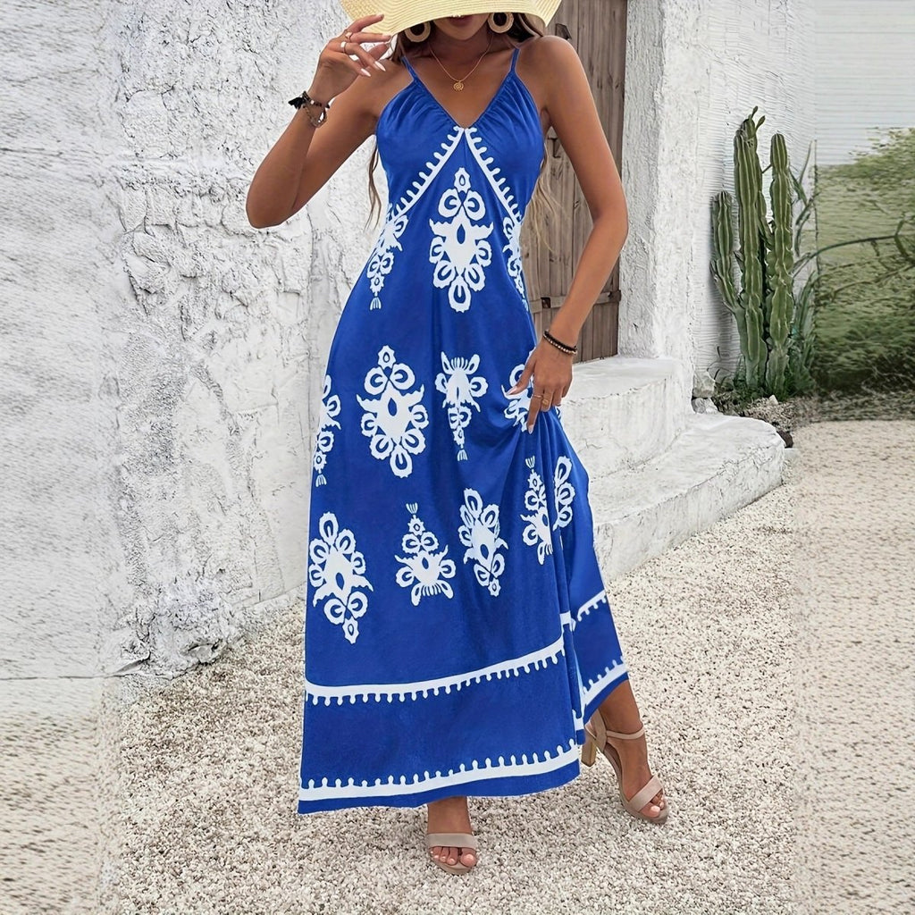 Women’s Printed Loose Fit Midi Dress: Flowy Figure - Flattering Casual Style - Sixin1