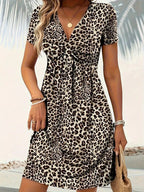 Women’s Printed V-Neck Short Sleeve Dress: Casual, Breathable & Stylish - Sixin1