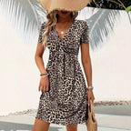 Women’s Printed V-Neck Short Sleeve Dress: Casual, Breathable & Stylish - Sixin1