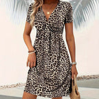 Women’s Printed V-Neck Short Sleeve Dress: Casual, Breathable & Stylish - Sixin1