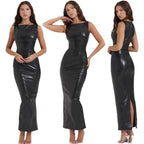 Women’s PU Leather Split Long Dress: Elegant Autumn Statement Style - Sixin1