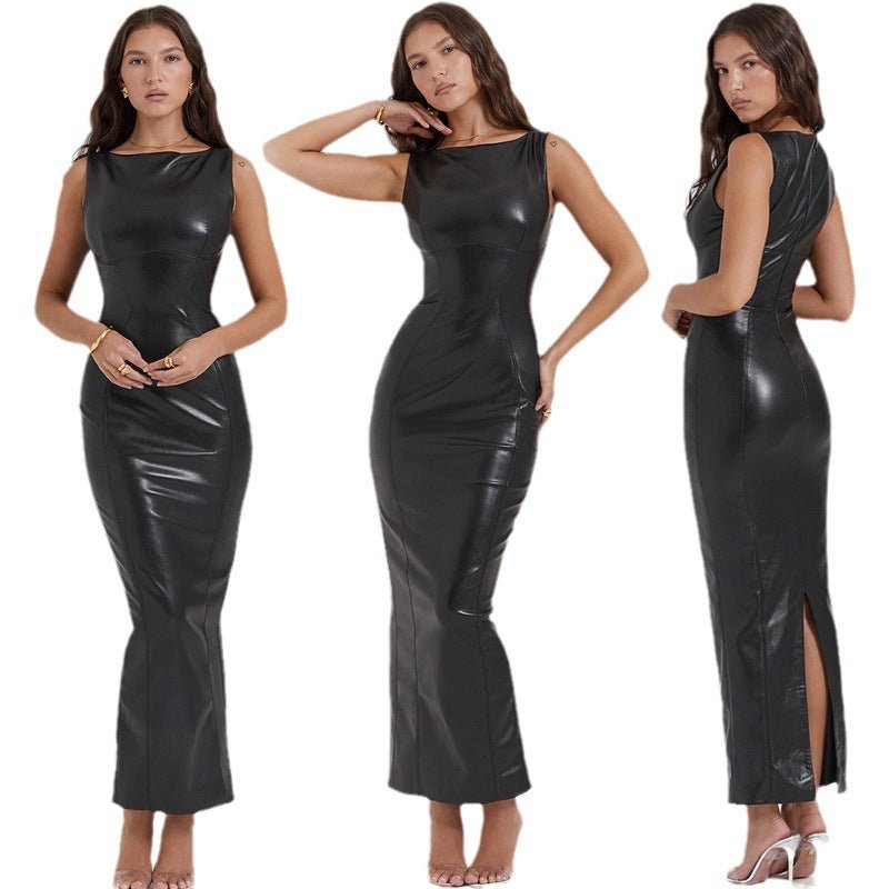 Women’s PU Leather Split Long Dress: Elegant Autumn Statement Style - Sixin1