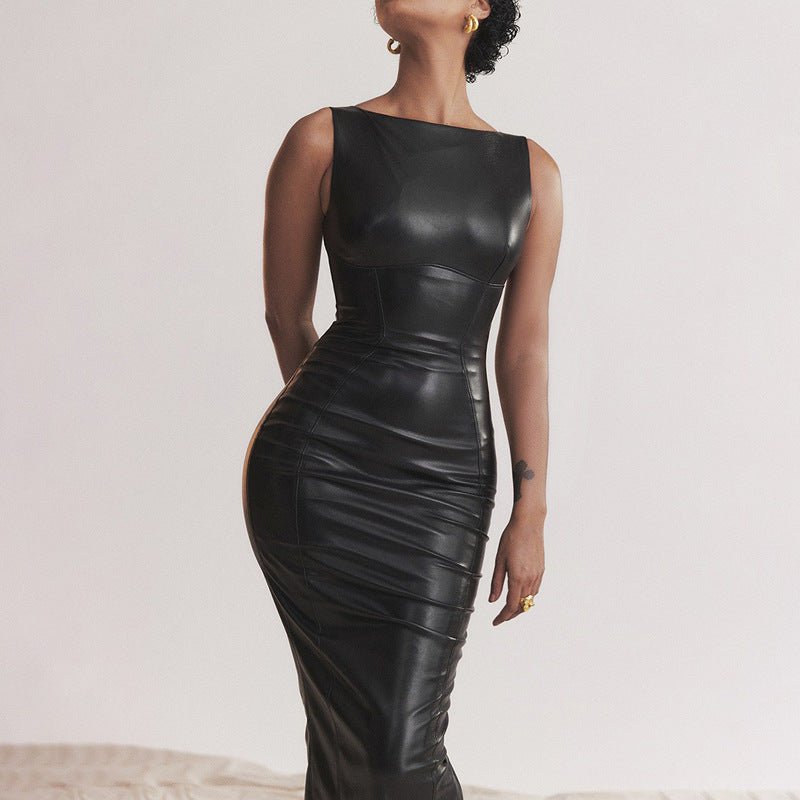 Women’s PU Leather Split Long Dress: Elegant Autumn Statement Style - Sixin1