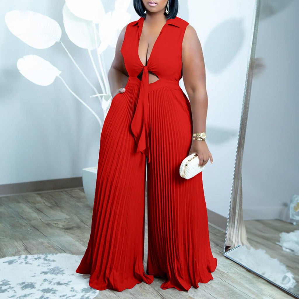 Women’s Relaxed Fit Jumpsuit: Printed V - Neck Wide - Leg One - Piece - Sixin1